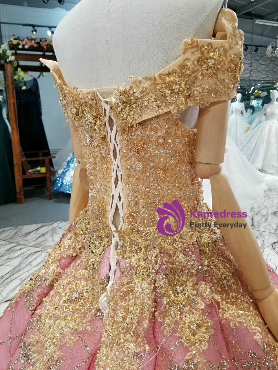Pink Gold Ball Gown Sequins Appliques Off The Shoulder Wedding Dress With  Beading