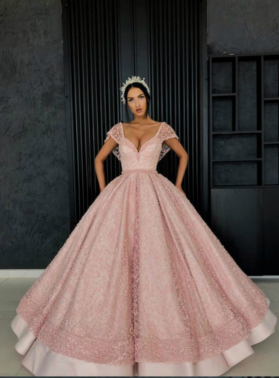 Ball Gown Pink Lace Sweetheart Floor Length Sweet 16 Dress With Pocket