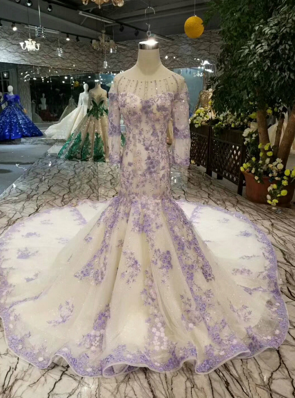 Champagne Mermaid Tulle Sequins Bateau 3/4 Sleeve Purple Appliques Wedding  Dress