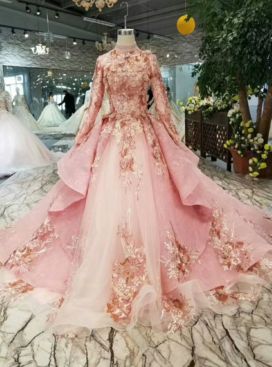 Pink Ball Gown High Neck Long Sleeve Appliques Beading Wedding Dress