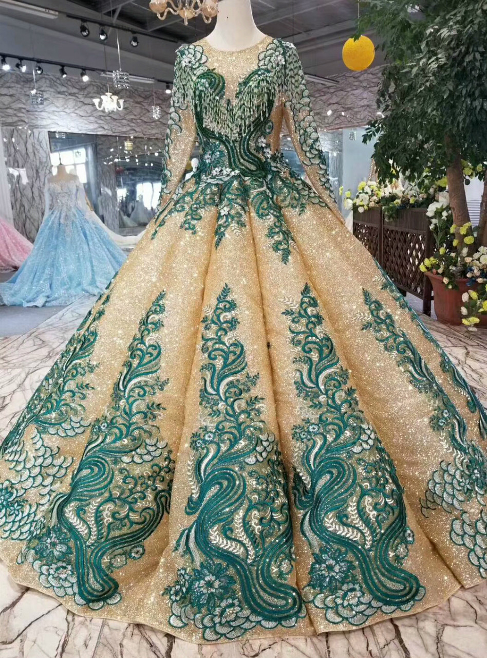 green and gold ball gown