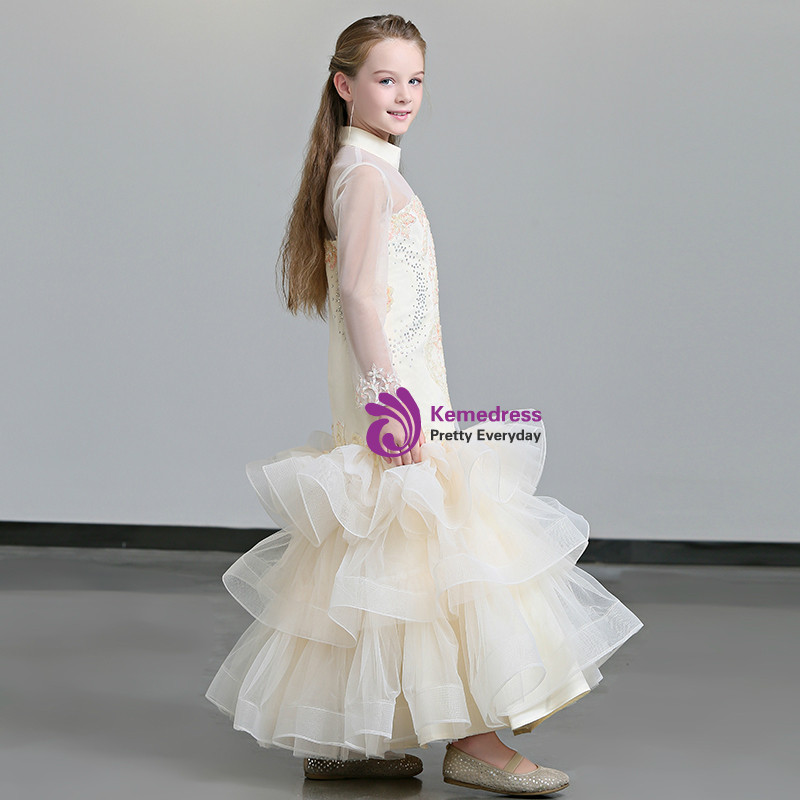 In StockShip in 48 Hours Sheath Champagne Tulle High Neck Long Sleeve