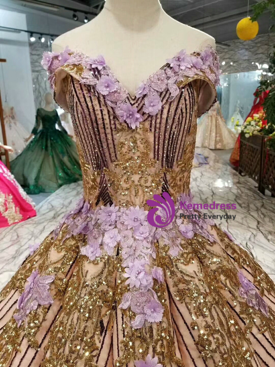 gold and purple wedding dress Purple Ball Gown Sequins Appliques Gold Sequins Appliques Off The Shoulder Wedding  Dress