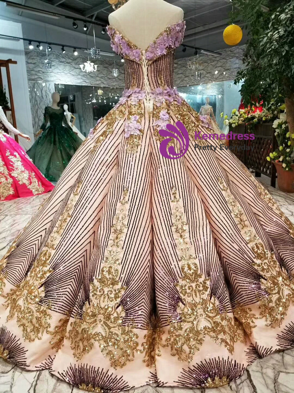 Purple Ball Gown Sequins Appliques Gold Sequins Appliques Off The Shoulder Wedding  Dress