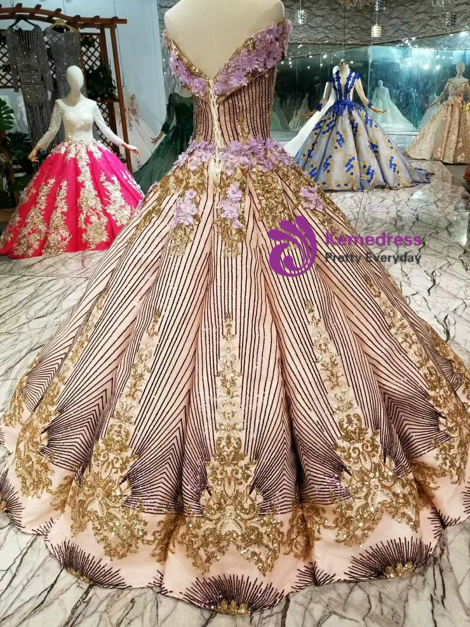 Purple Ball Gown Sequins Appliques Gold Sequins Appliques Off The Shoulder Wedding  Dress