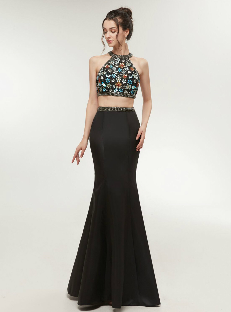 black 2 piece mermaid prom dress Long Black Mermaid Prom Dress with Embroidered Flowers Black / 6