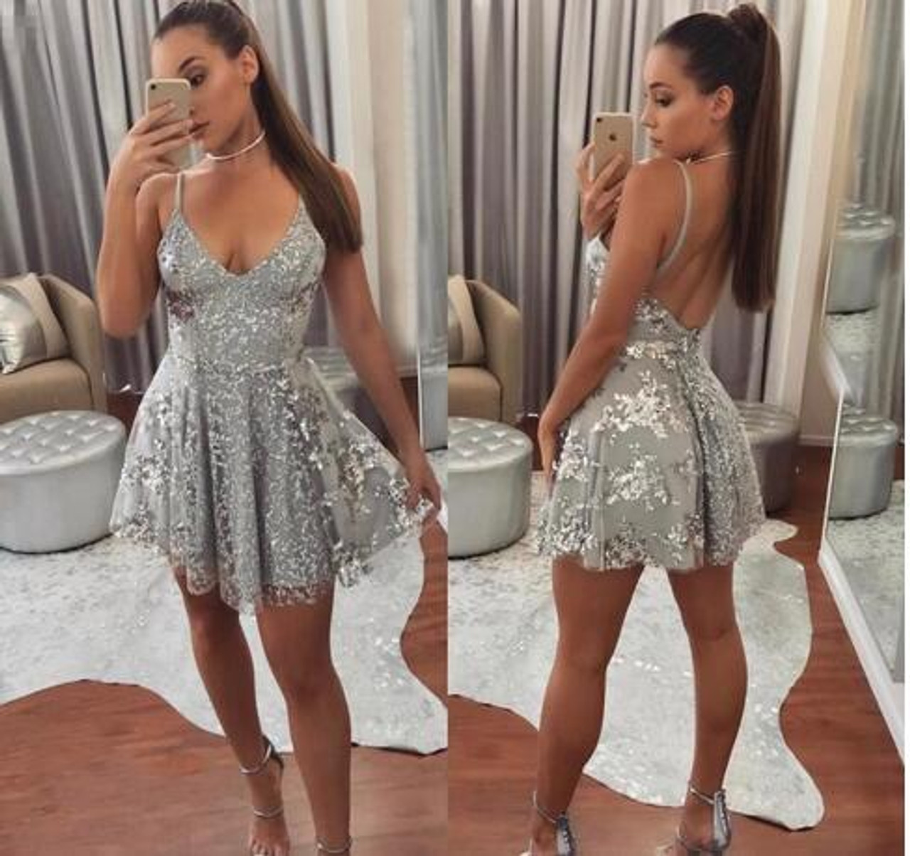 A-Line Short Silver Backless Appliques Cocktail Homecoming Dresses