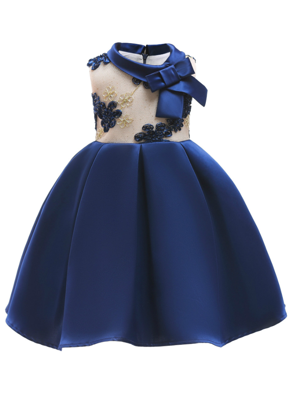 In Stock:Ship in 48 Hours Blue Satin High Neck Flower Girl Dress With Bow