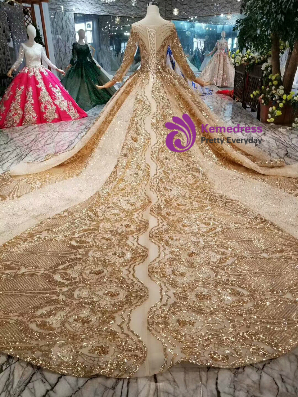 Champagne Gold Tulle Sequins Bateau Long Sleeve Crystal Wedding Dress With Train Champagne Gold Tulle Sequins Bateau Long Sleeve Crystal Wedding Dress With Train