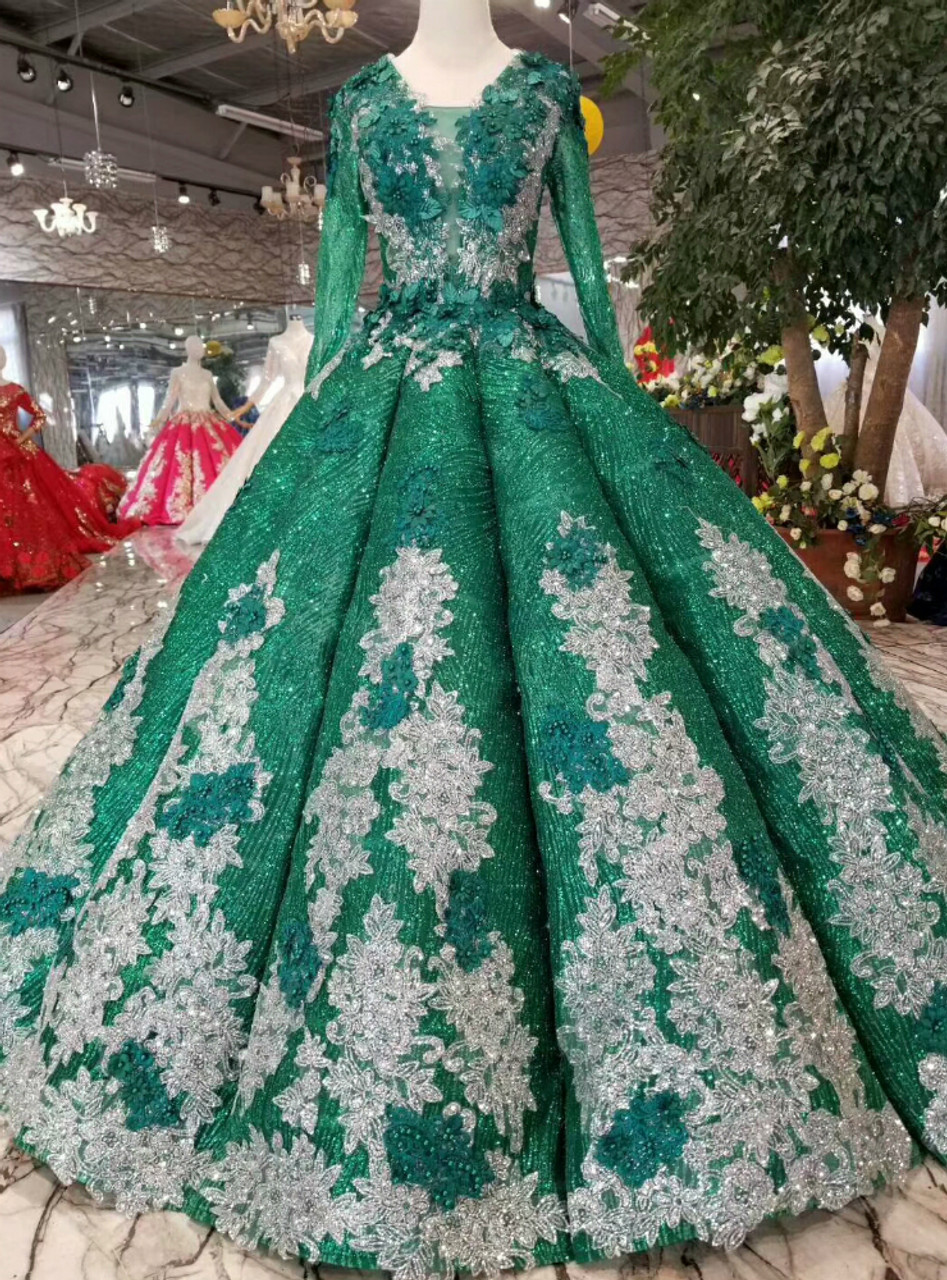 Green Ball Gown Sequins See Through V-neck Long Sleeve Appliques ...