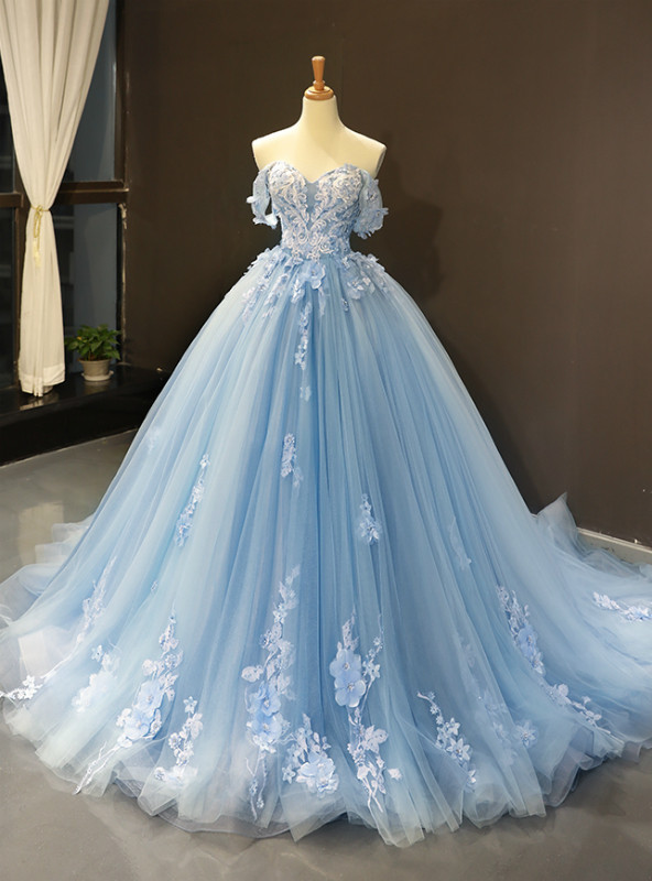 Blue Ball Gown Tulle Appliques Off The Shoulder Backless Sweet 16 Prom Dresses Blue Ball Gown Tulle Appliques Off The Shoulder Backless Sweet 16 Prom Dresses