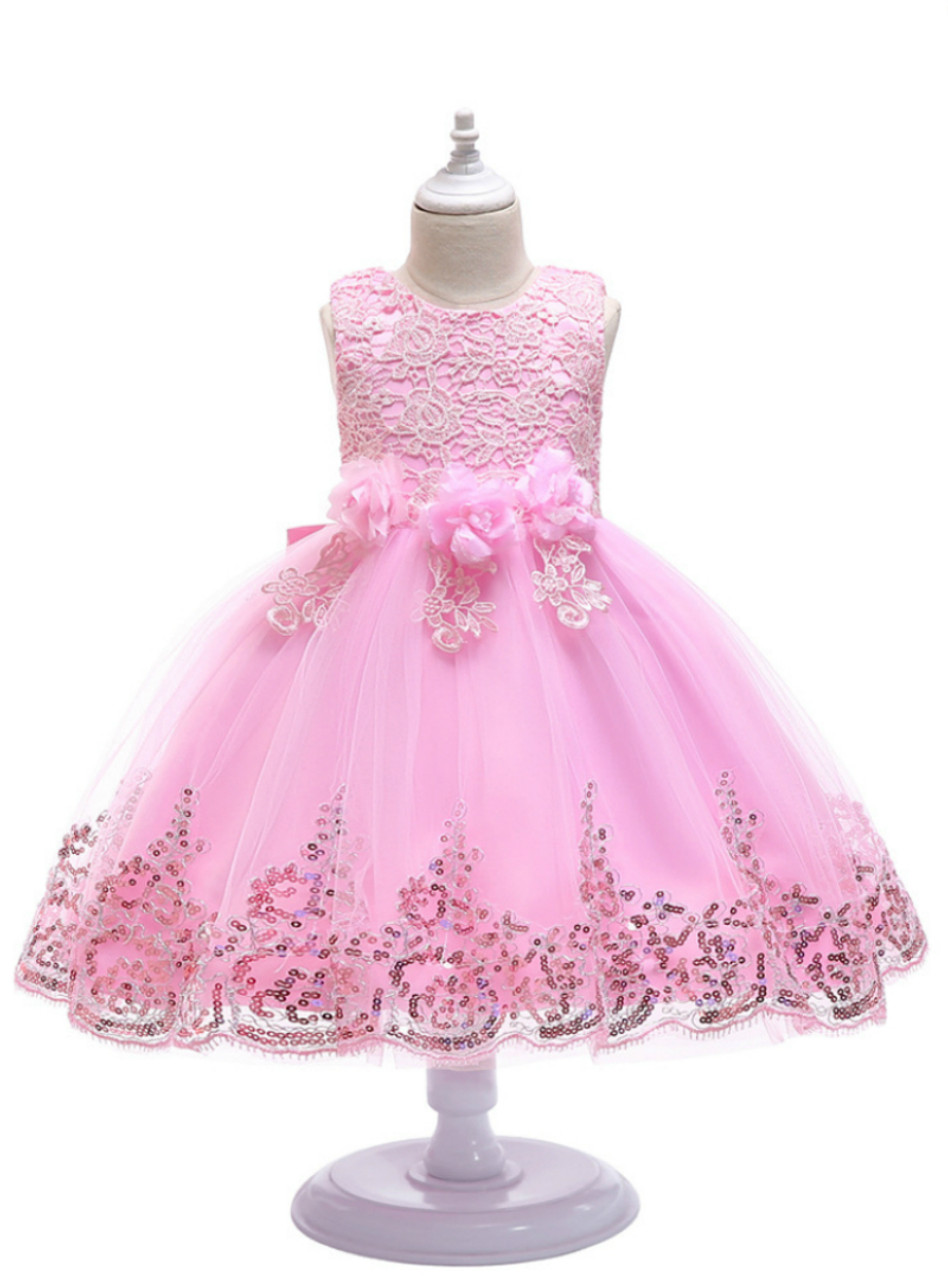 In Stock:Ship in 48 Hours Pink Tulle Lace Appliques Flower Girl Dress