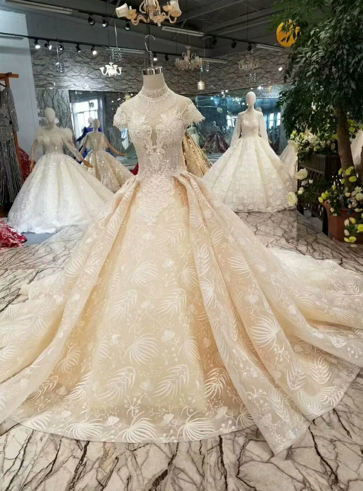 Champagne Ball Gown Lace High Neck Backless Wedding Dress With Train Champagne Ball Gown Lace High Neck Backless Wedding Dress With Train