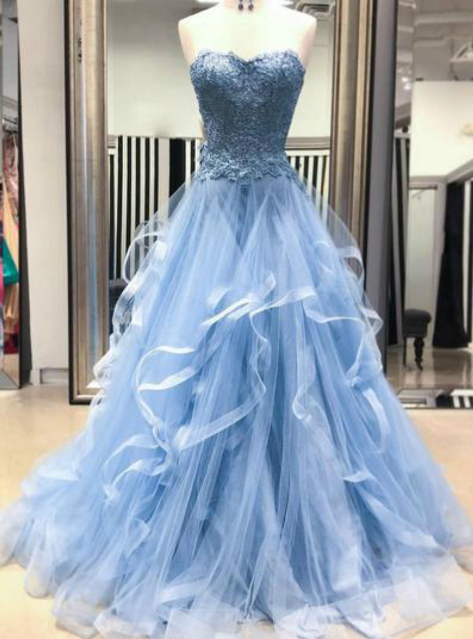 Blue Tulle Lace Appliques Sweetheart Layered Long Prom Dress