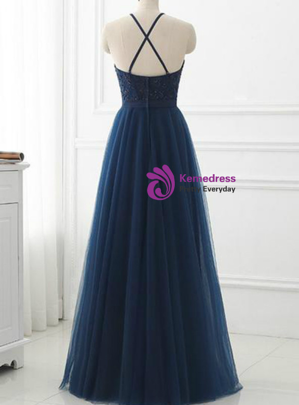 Navy Blue Halter Long High Split Plus Size Prom Dress main image 1