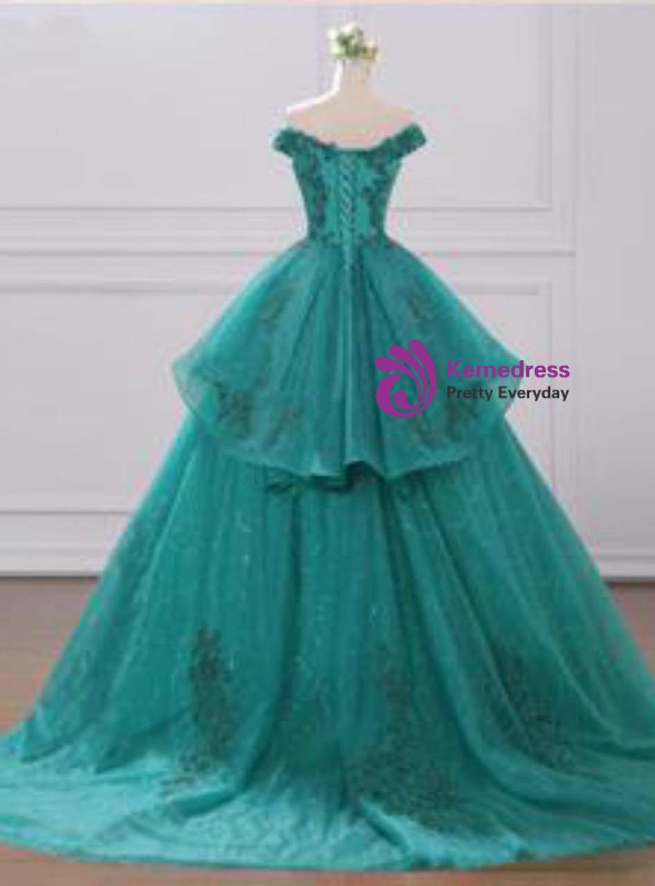 Green Ball Gown Tulle Lace Layered Off The Shoulder Quinceanera Dress
