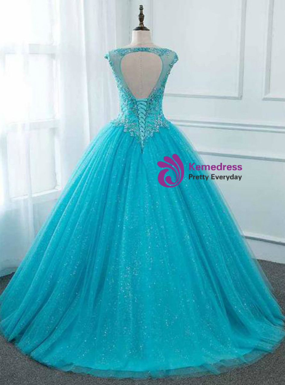 Blue Ball Gown Tulle Backless Long Quinceanera Dresses With Crystal