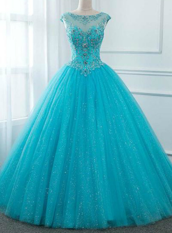 Blue tulle crystal ball gown for quinceanera