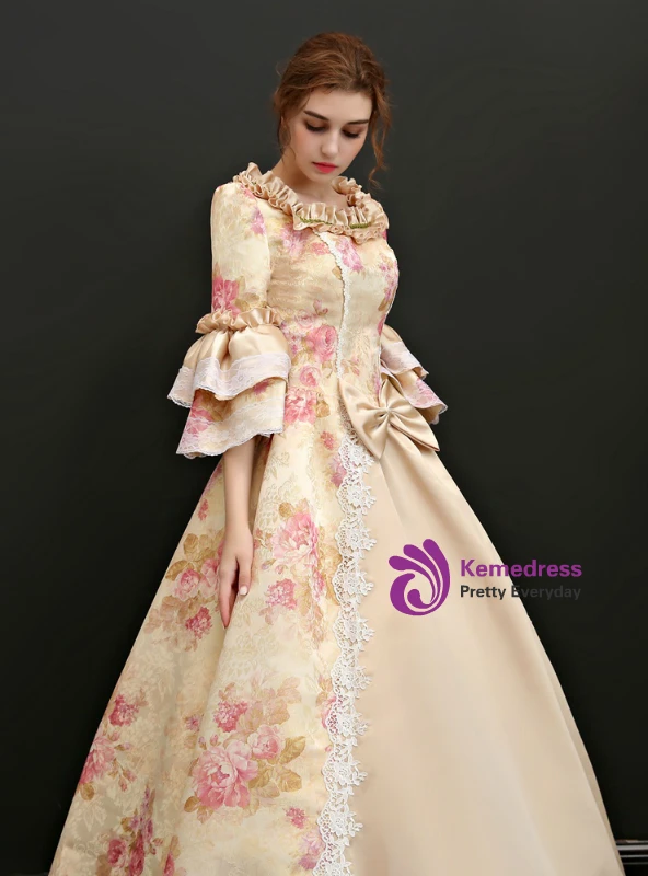 Champagne vintage satin ball gown waist bow and floral printed skirt detail