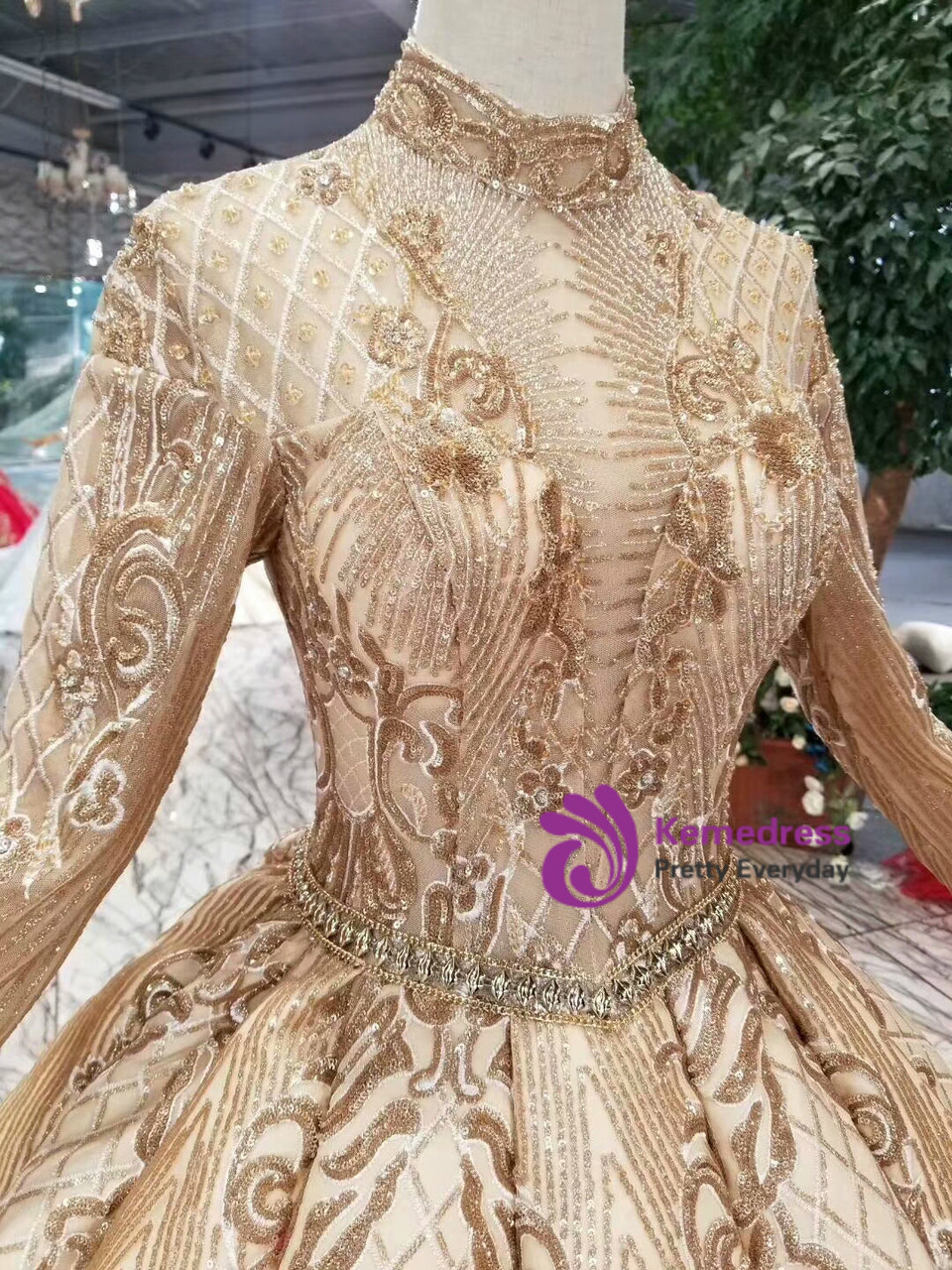 green emerald velvet dress Long Sleeve Sequin Ball Gowns Rose Gold Wedding Dresses 222202 – Viniodress main image 1