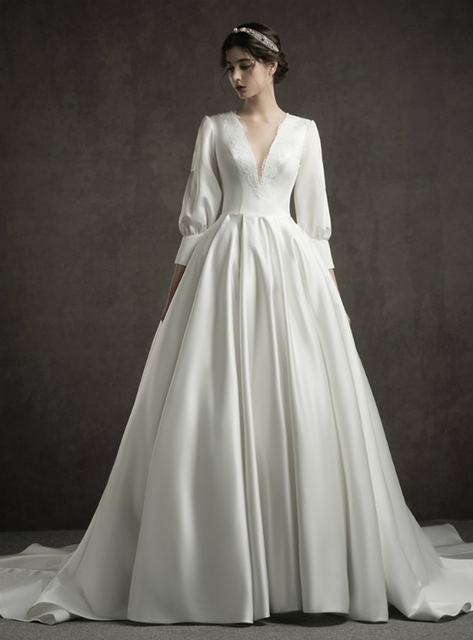 satin deep v neck wedding dress