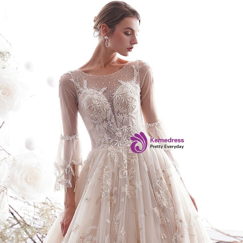 chinese dress ladies Three-Quarter Sleeve Floral Lace Champagne Destination Wedding Dress, Champagne