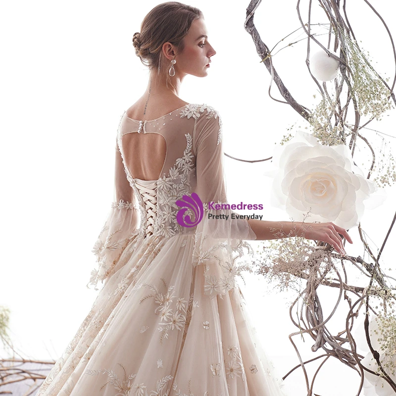 Champagne tulle ball gown wedding dress with floral appliques, sheer 3/4 sleeves, corset back and long train