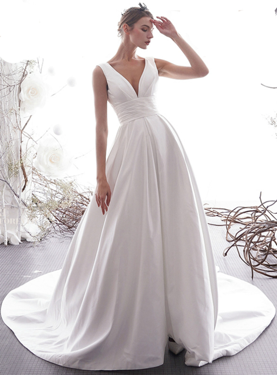 A Line White Satin Deep V Neck Backless Pleats Wedding Dress 6781