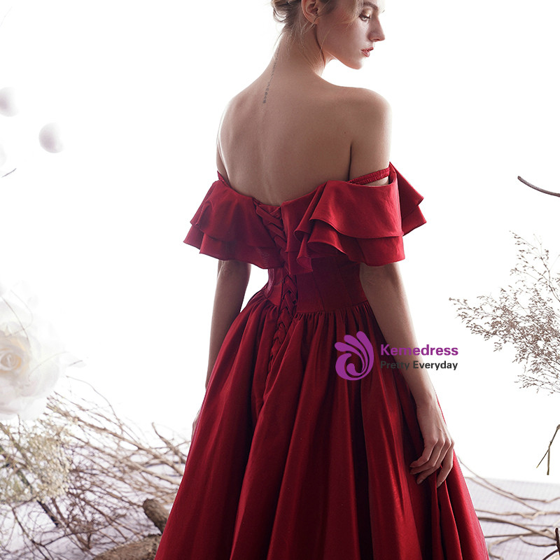 Burgundy A Line Off the Shoulder Pleats Satin Prom Dress LBQ4301