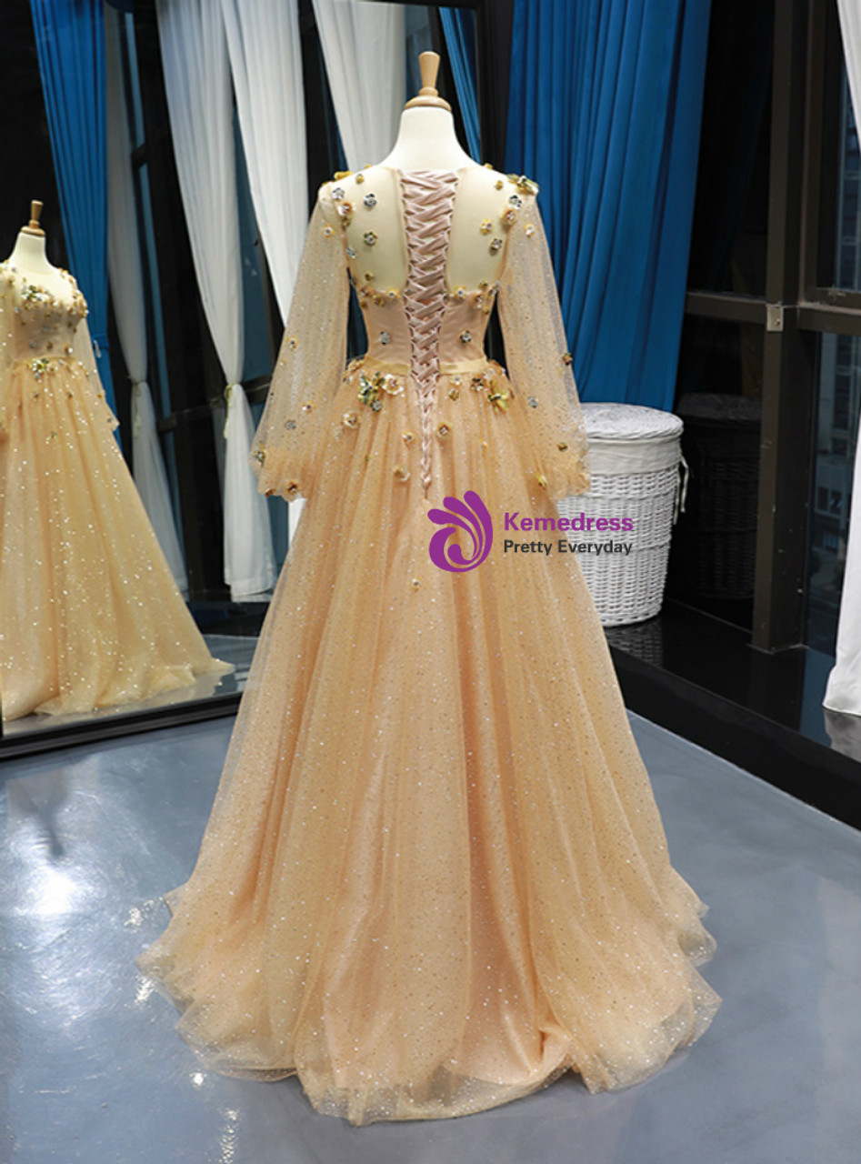 Champagne Gold Tulle Sequins Long Sleeve Appliques Prom Dress