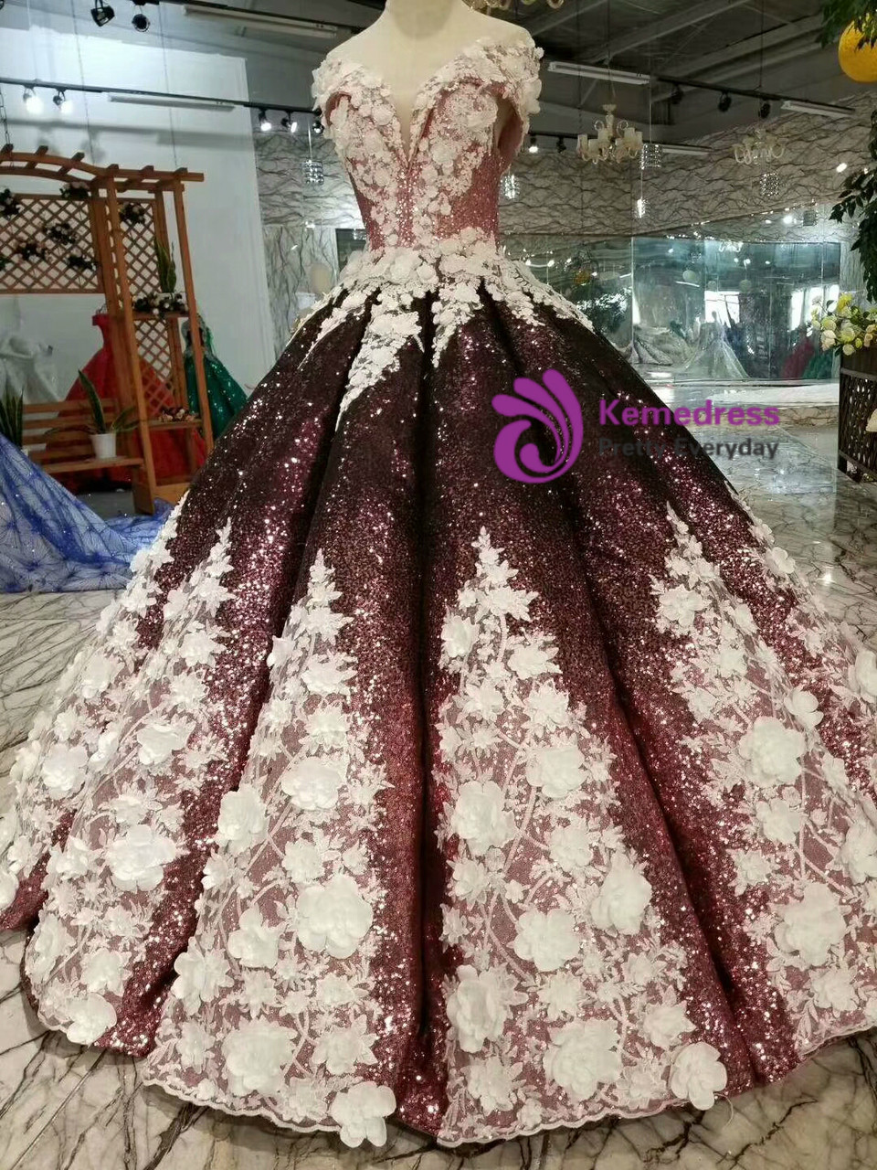 rose gold and burgundy wedding dress Rose Gold Wedding Dress Princess Sequins Ball Gown Off Shoulder