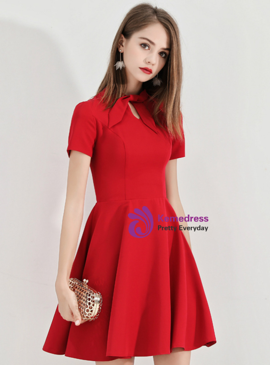 In Stock:Ship in 48 Hours Burgundy Satin Short Sleeve Homecoming Dress