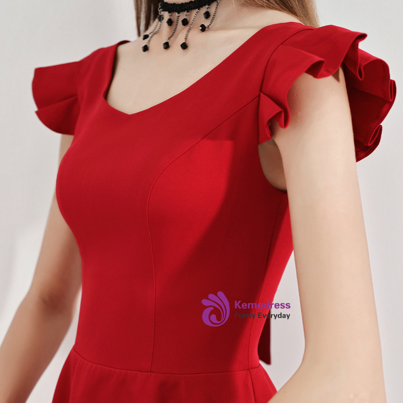 Burgundy Long Sleeve V-Neck Satin Short Prom Homecoming Graduation Dress
