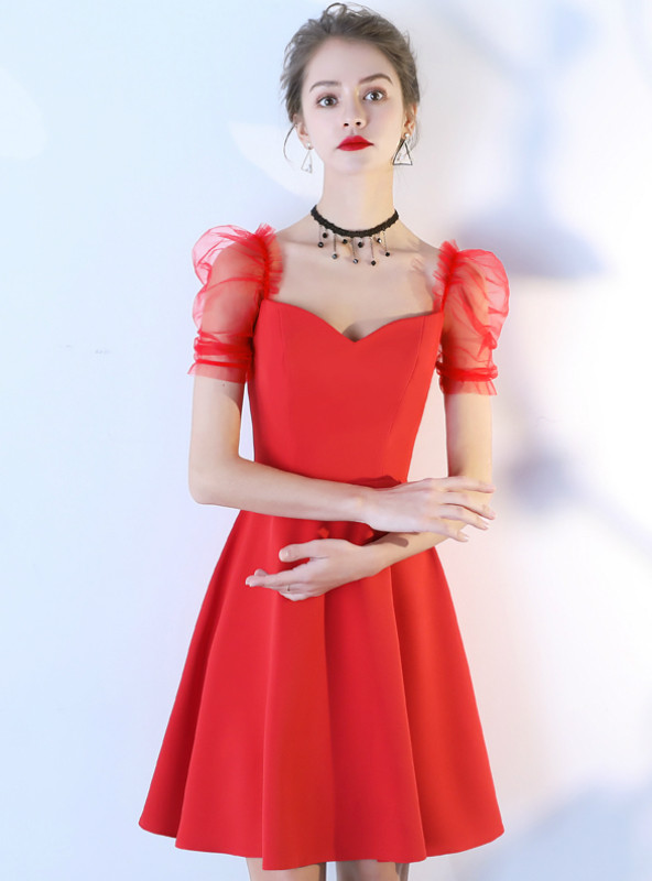 In Stock:Ship in 48 Hours A-Line Red Satin Puff Sleeve Homecoming Dress