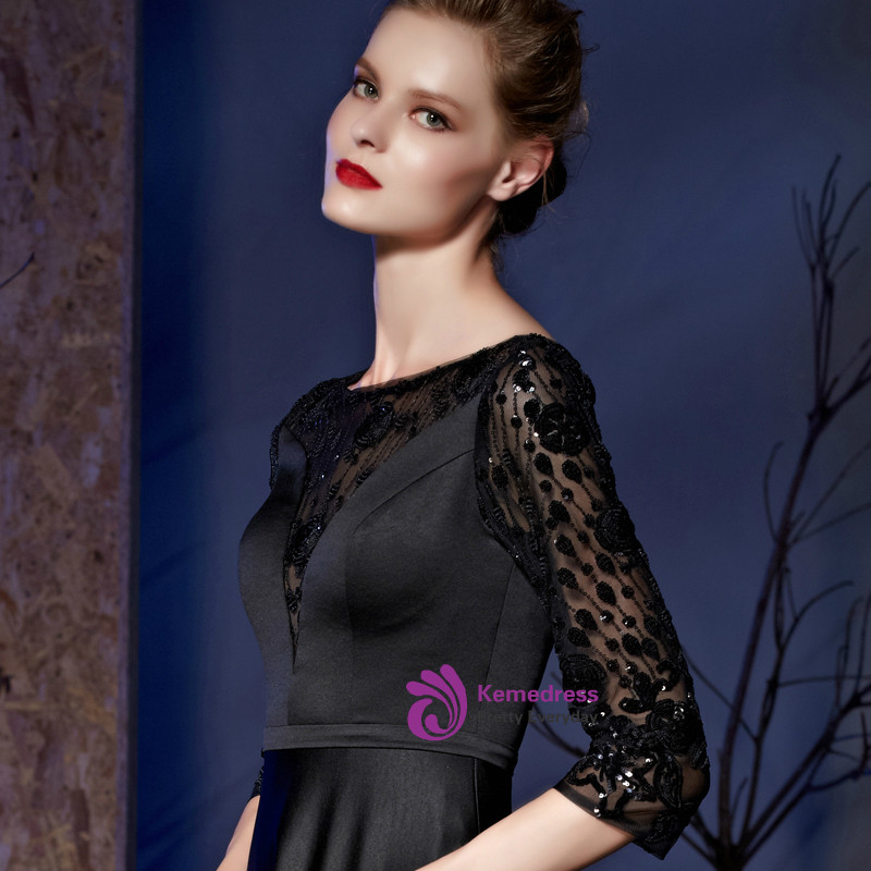 Black satin A line mother of the bride dress with 3/4 sleeve sequin illusion bodice