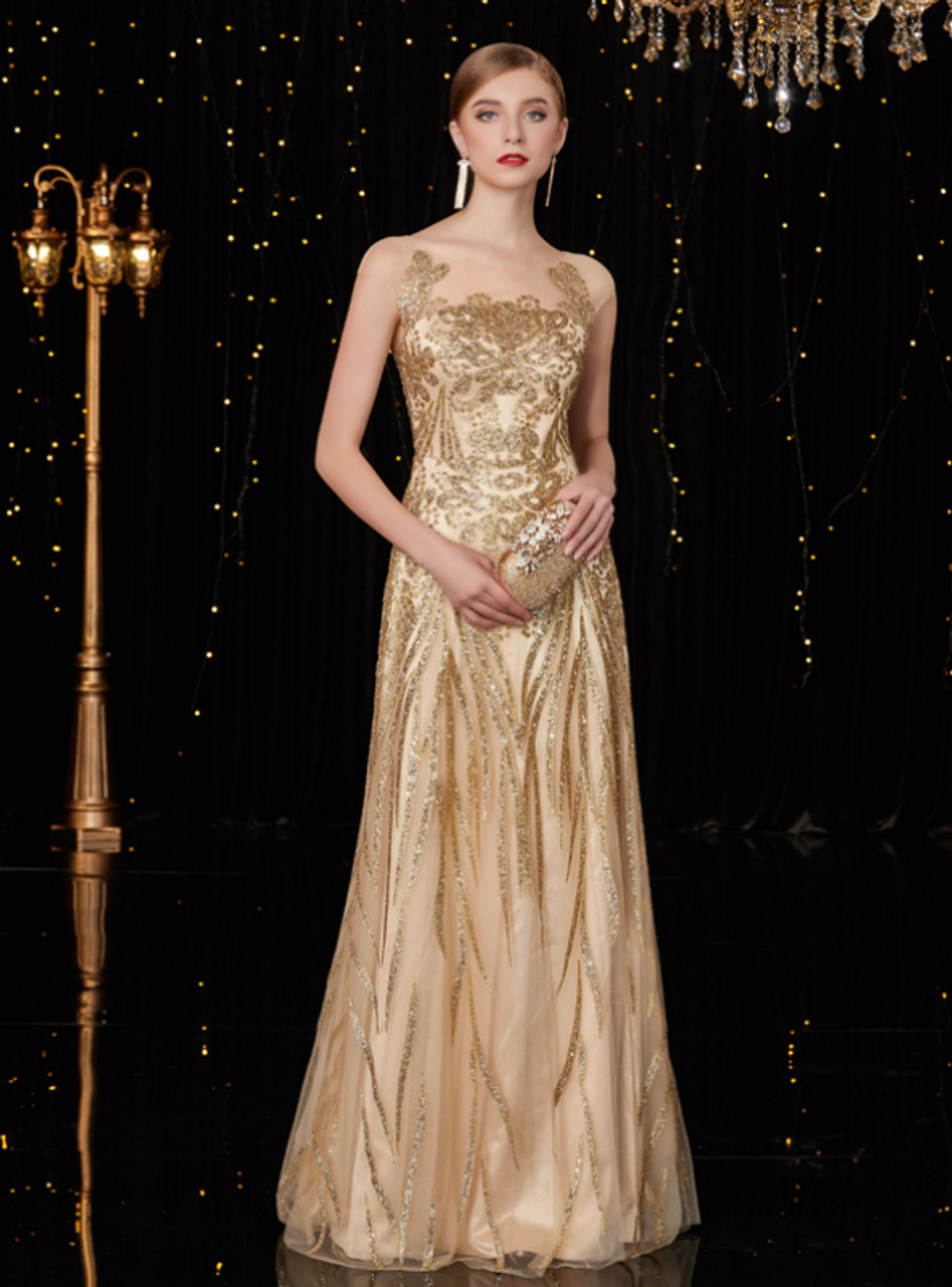 A-Line Champagne Gold Tulle Sequins Long Mother of The Bride Dresses