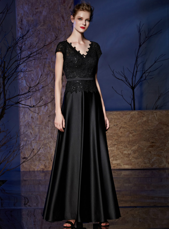 A-Line Black Satin Lace V-neck Cap Sleeve Mother Of The Bride Dress A-Line Black Satin Lace V-neck Cap Sleeve Mother Of The Bride Dress