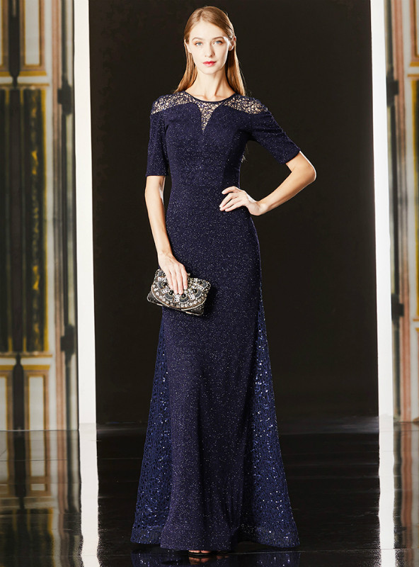 A-Line Navy Blue Lace Sequins Short Sleeve Long Mother Of The Bride Dress