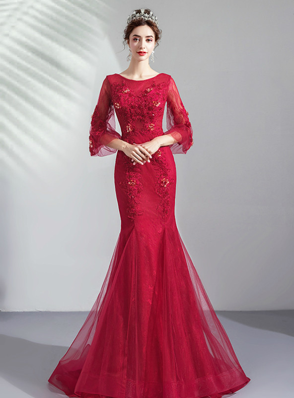 open lace back dress Round Neck Short Sleeves Mermaid Burgundy Lace Long Prom Dress, Mermai –  abcprom main image 1