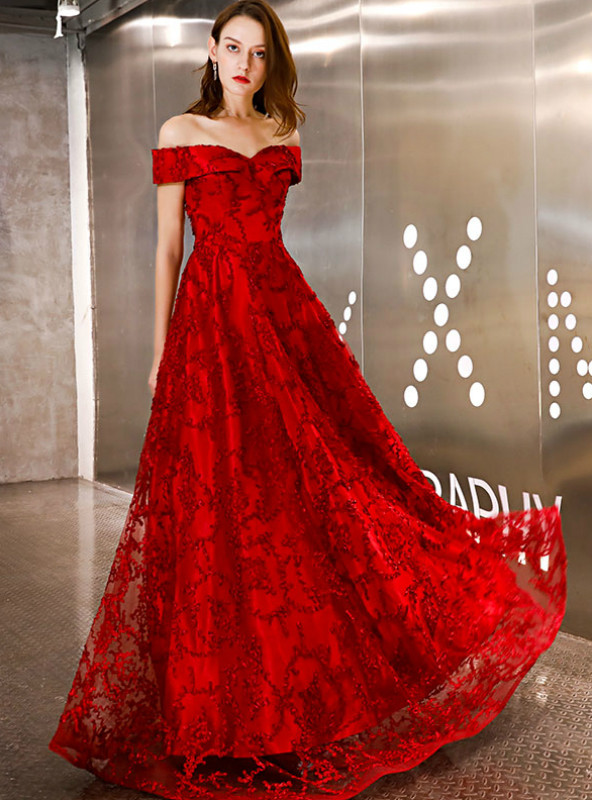 Dark Red Lace Off the Shoulder Prom Dress LBQ0986 main image 1