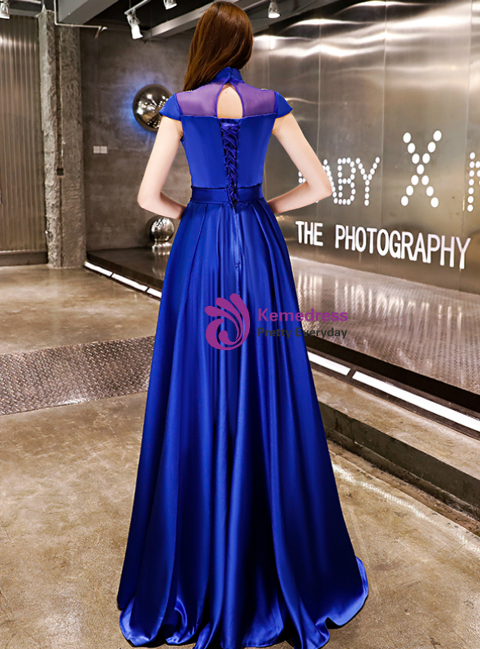 In Stock:Ship in 48 Hours Royal Blue Satin High Neck Cap Sleeve ...