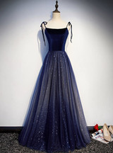 A Line Spaghetti Straps Blue Tulle Appliques Prom Dress LBQ4237 main image 1