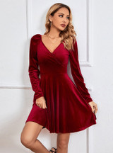 New V Neck Waist A Line Skirt Long Sleeved Velvet Sexy Banquet Dress