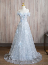 Blue Tulle Sequins Off the Shoulder Flower Evening Prom Dress