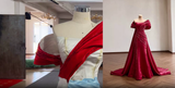 Red Beaded Pleat Gown: Hand-Sewn Detail, Sculpted Satin and a Detachable Train