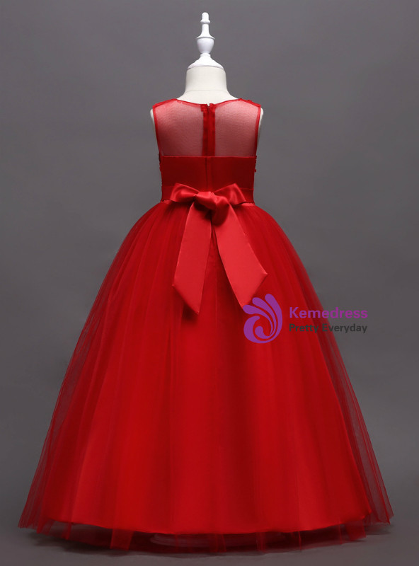In Stock:Ship in 48 Hours Red Tulle Appliques Flower Girl Dress With Bow