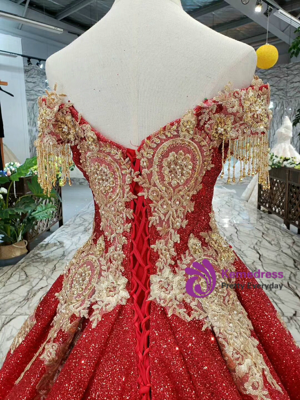 Burgundy Off Shoulder Sequins Appliques A-Line Bridal Wedding Dress