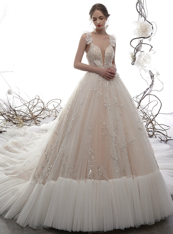 Pretty Ball Gown V Neckline Long Sleeves Sequin White Wedding Dresses Brides Dress