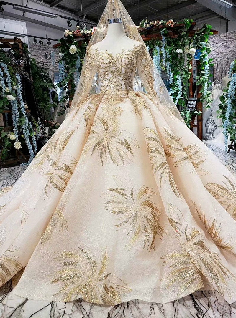 Champagne 3/4 Sleeve Short Plus Size Lace Appliques Wedding Dress