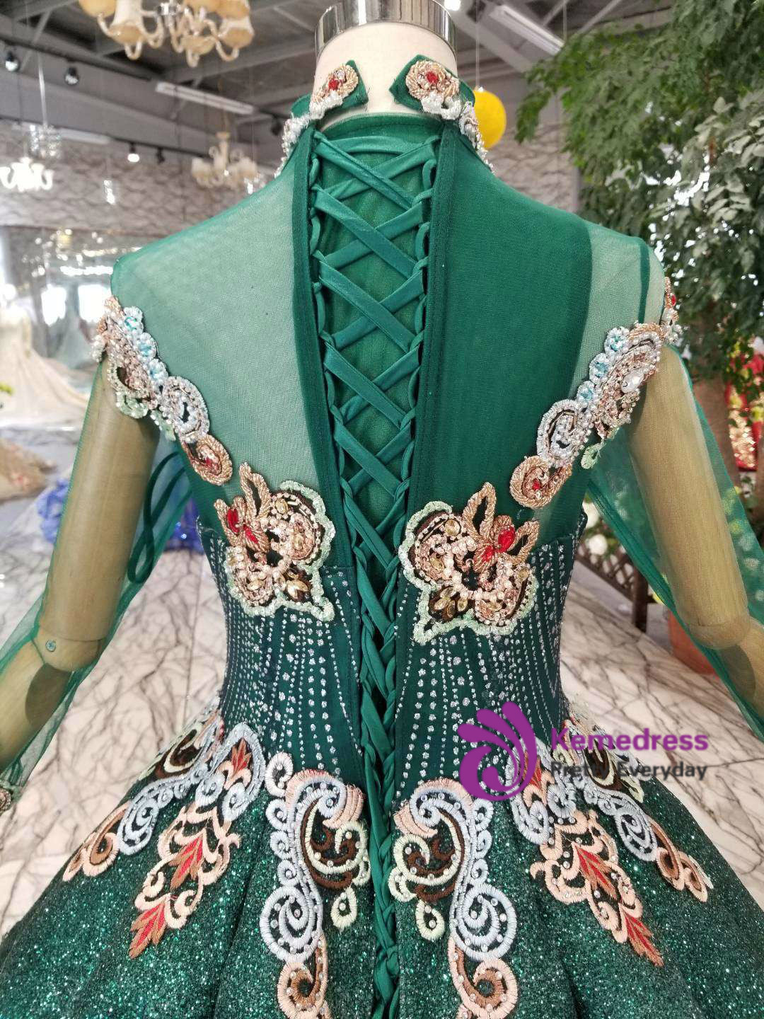 Dark Green Sequin Embroidery A-line Ruffle Dress